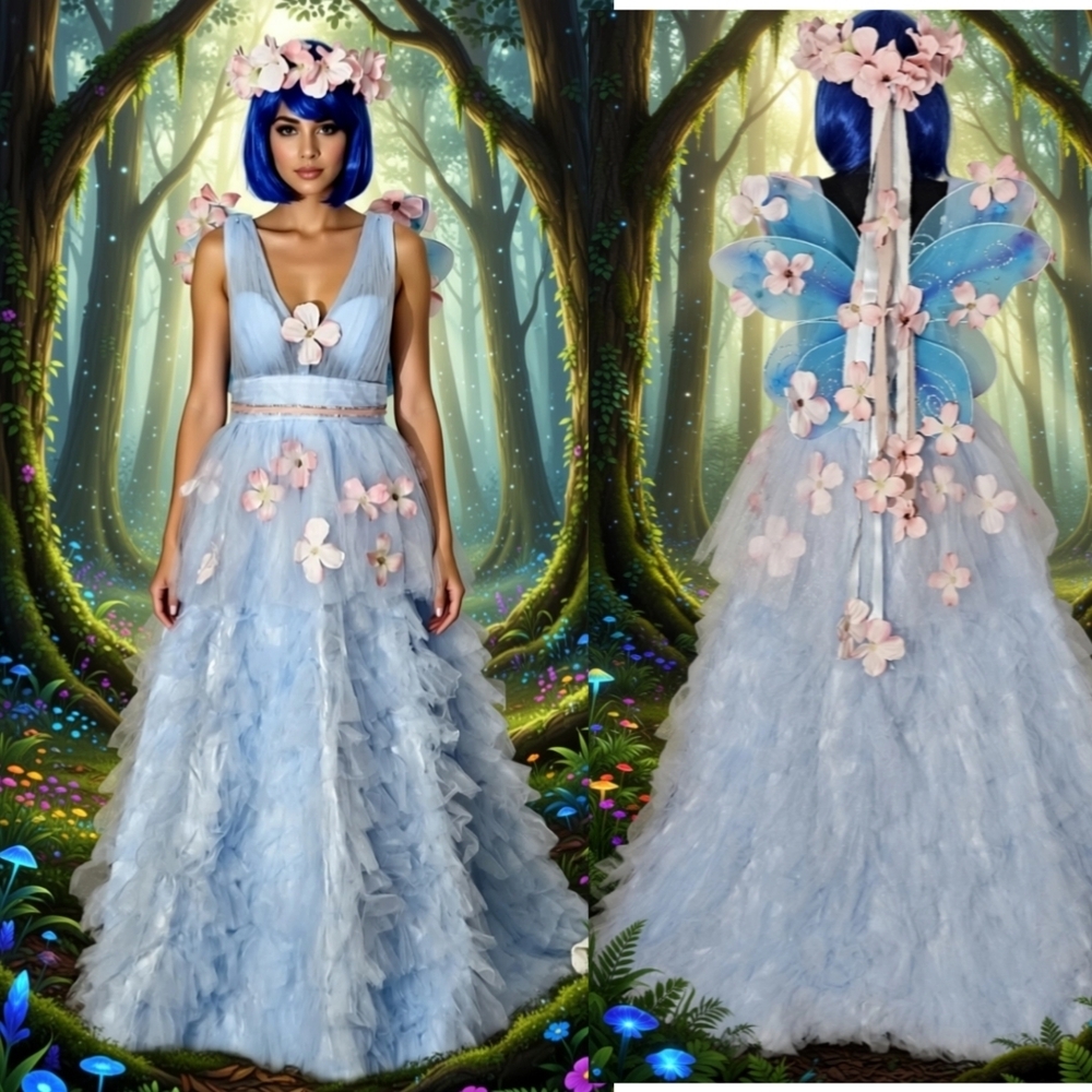 Enchanted Woodland Fairy Costume Tulle Blue Gown W/ Detachable Wings Size10
